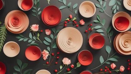 Wall Mural - pattern background template red roses circles with green leaves and branches in different delicate shades minimalist black background banner design with small colorful flowers natural