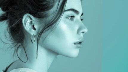 Close-up profile portrait of a young woman with vibrant teal skin tone and detailed facial features.