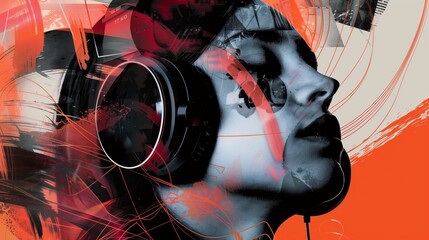 Wall Mural - Abstract art portrait of a woman wearing headphones in a fusion of orange and black tones.