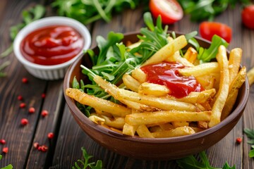 Wall Mural - French fries with rocket, ketchup and vegan mayonnaise