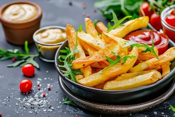 Wall Mural - French fries with rocket, ketchup and vegan mayonnaise