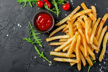 Wall Mural - French fries with rocket, ketchup and vegan mayonnaise