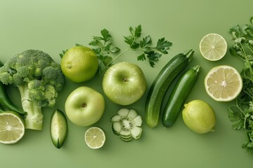 Poster - Green fruit and vegetables on green background