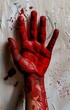 A bloody handprint on a white surface.