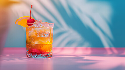 An exotic cocktail that evokes wild parties, summer, fun, and the beach, surrounded by a creative background with warm, vibrant colors in the spirit of good times.