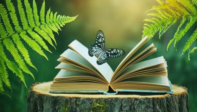butterfly fern leaves and old open book on stump in forest dark natural blurred background mystery atmosphere leisure reading pure wild nature environment concept template for design banner