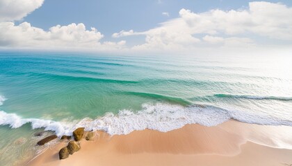 Wall Mural - summer seascape beautiful waves blue sea water in sunny day top view from drone sea aerial view amazing tropical nature background beautiful bright sea with waves splashing and beach sand concept