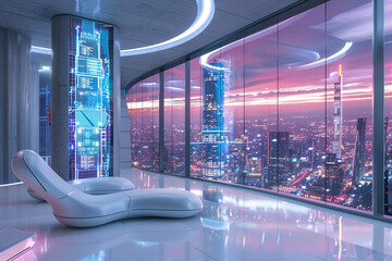 Futuristic interior design living room with a large window and a view of the night city in purple blue and white colors, digital art