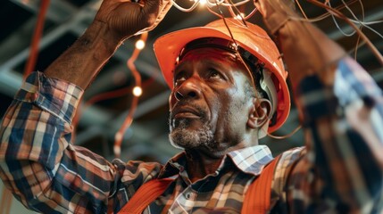 Canvas Print - Electrician Repairing Overhead Wiring