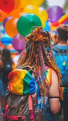 Wall Mural - back view of girl with rainbow backpack