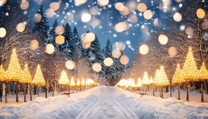 Wall Mural - abstract background christmas lights in winter landscape with snow lights bokeh blurred background ai generate