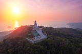 Fototapeta  - Aerial top view statue big Buddha in Phuket on sunset sky. Concept travel Thailand landmark