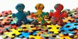 Three standing jigsaw puzzle pieces with a multicolored pattern, surrounded by scattered pieces on white surface.