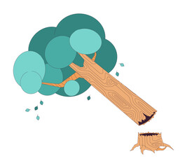 Wall Mural - Broken tree and shrub 2D linear cartoon object. Consequence of disaster. Fallen plant trunk after storm isolated line vector element white background. Dangerous accident color flat spot illustration