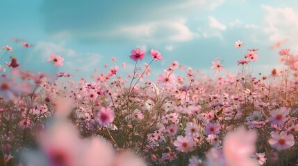 Wall Mural - endless field of delicate cosmos flowers stretching to horizon landscape photography