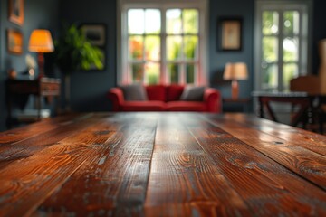 Wall Mural - A living room with a red couch and a wooden table