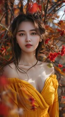 Wall Mural - asian girl in yellow dress standing near autumn foliage bush