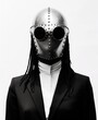 Futuristic male wearing a strange mask with dreadlocks, AI-generated.