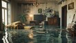 flooddamaged living room interior with submerged furniture and belongings realistic 3d illustration