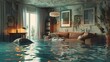 flooddamaged living room interior with submerged furniture and belongings realistic 3d illustration