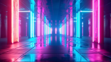 futuristic neon city street with vibrant pink and blue glowing lines reflective floor abstract 3d render