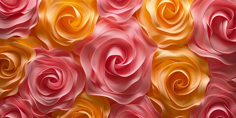 Wall Mural - Intricate Light Decorative Pattern Wallpaper. Pink and Yellow 3D Rosette Background.