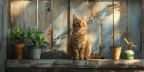 Wall Mural - Cute cat sitting on wooden wall furniture