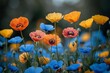 Vibrant orange, blue, and yellow poppies blooming in a meadow, AI-generated.
