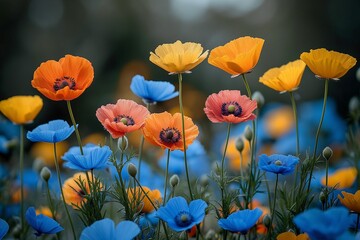 Poster - Vibrant orange, blue, and yellow poppies blooming in a meadow, AI-generated.