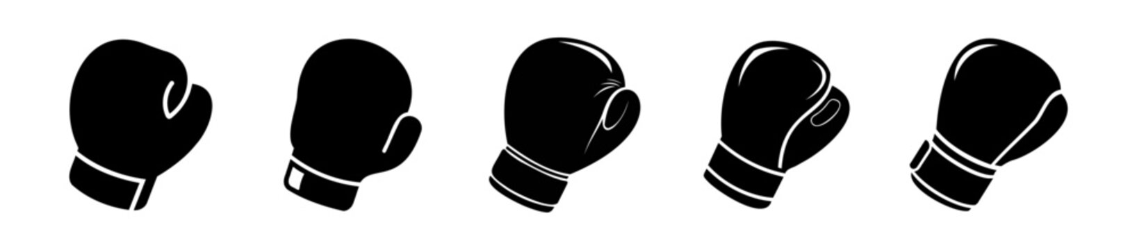Set of Black boxing gloves in silhouette. Black and white graphic art of sporting gloves. Icon, logo, sign, pictogram, print. Concept of sports equipment, powerful punch. Isolated on white backdrop