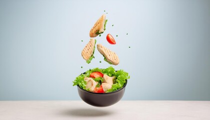 Wall Mural - bowl of salad with chicken and vegetables is shown in the air 