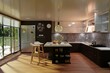 Beautiful rendered kitchen, stools, fridge, realistic lighting