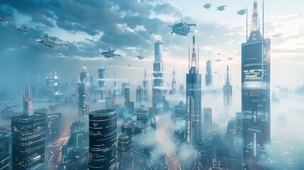 Wall Mural - A photorealistic illustration of a futuristic cityscape with towering skyscrapers and flying vehicles.