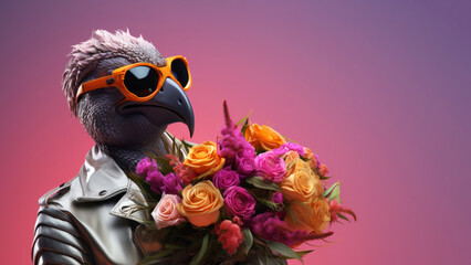 Wall Mural - Anthropomorphic African parrot bird character wearing sunglasses and leather jacket holding bouquet of flowers on minimal neon background with copy space. Modern pop art illustration