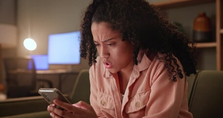 Canvas Print - Confused, woman and angry with smartphone for online bullying, bad news or scam on social media. Female person, stress and frustration at home for serious conversation, internet gossip or argument