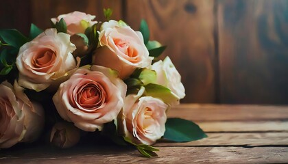 bouquet of roses on wooden background