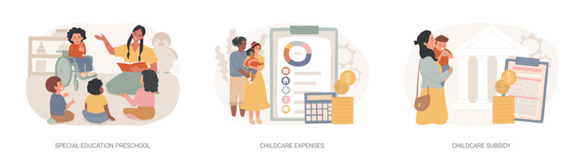 Wall Mural - daycare financial help isolated concept vector illustration set.