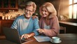 © Dougie C - Elderly couple smiling over a laptop in a cozy, rustic kitchen, radiating warmth and connection