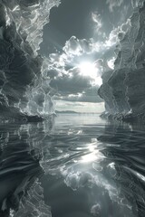 Canvas Print - Mystical Icy Grotto with a Glimmering Lake and Towering Ice Cliffs