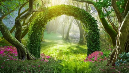 Wall Mural - garden of eden exotic fairytale fantasy forest green oasis unreal fantasy landscape with trees and flowers sunlight shadows creepers and an arch 3d illustration