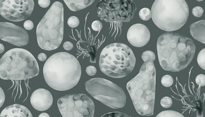 Wall Mural - watercolor seamless pattern with different bioforms monochrome color