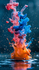 Wall Mural - Abstract paint splash isolated on  blue  background ,Abstract orange ink in water isolated on 
 blue background