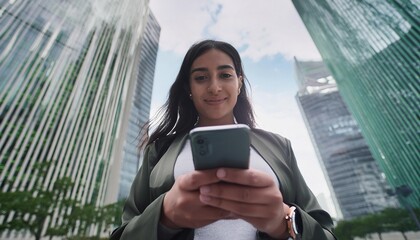 Wall Mural - Confident young woman using her phone in a city environment 