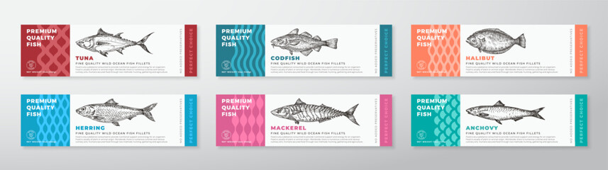 Wall Mural - fish seafood vector packaging label design collection modern typography and hand drawn tuna, herring