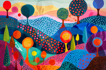 Daytime landscape painted in abstract strokes and deeply saturated colors. Outlined in polka dots of different colors, scandinavian folk art style