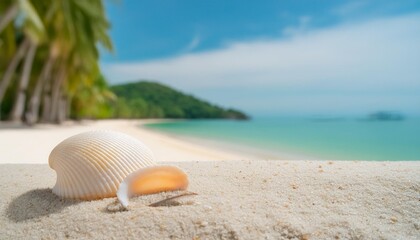 Wall Mural - abstract sand beach with shell blurred of tropical beach with palm tree calm sea and sky summer vacation background concept