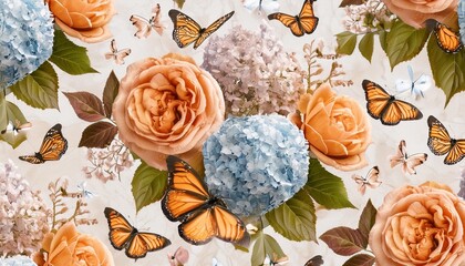 Wall Mural - hydrangea background floral seamless pattern delicate garden flowers bouquets gypsophila butterflies watercolor 3d illustration tropical art texture luxury wallpapers cloth mural paper