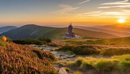 Wall Mural - summer view with heathers in the karkonosze mountains during sunrise