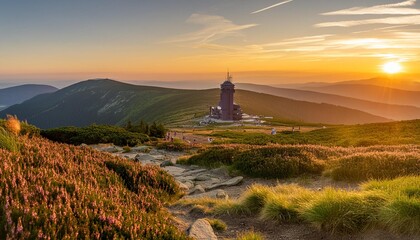 summer view with heathers in the karkonosze mountains during sunrise