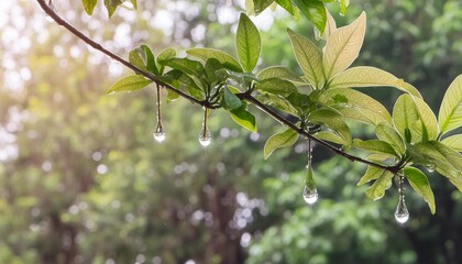 Wall Mural - water droplet on hanging green leaf with water droplets on side and foreground leaf with water droplets on top and bottom generative ai